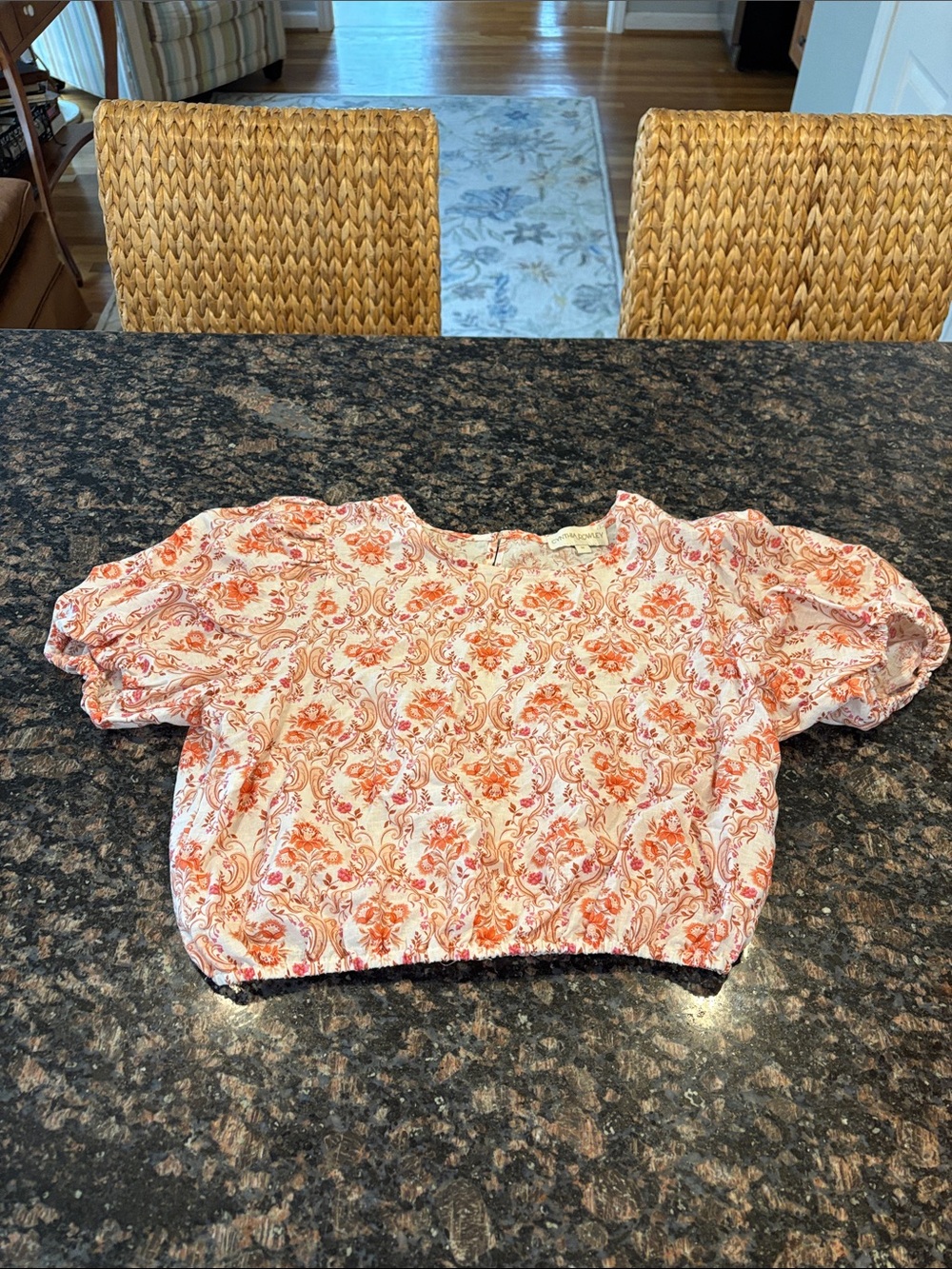 Cynthia Rowley Pink and Orange Floral Puff-Sleeve Crop Top